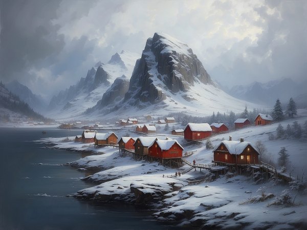 Zima-sneg-ii-art-neiroset-lofoteny-domiki-norvegiia