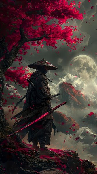 Samurai-red-landskape-in-mountain-and-moon-111024