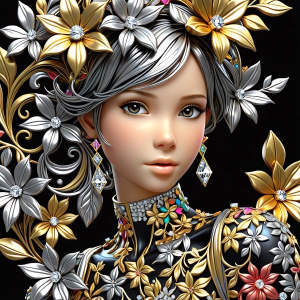 Аниме,девушка,3d,цветы,золото,серебро,стразы.16