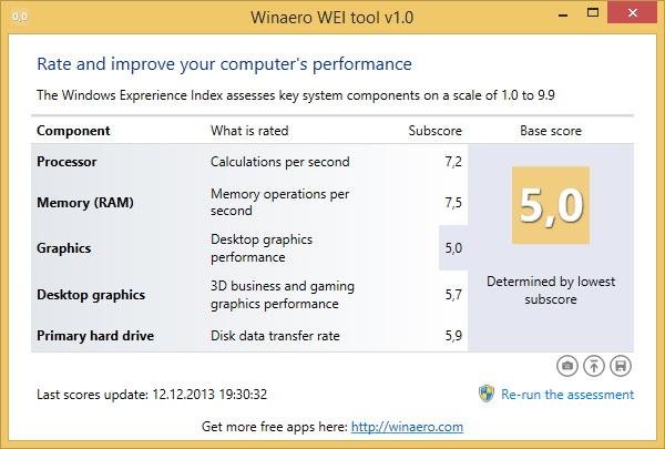 Winaero WEI Tool 1.0