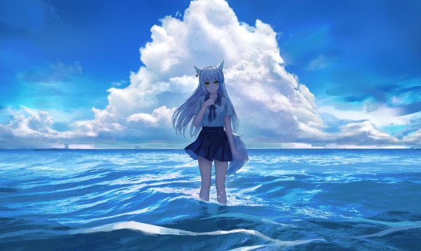 Anime-anime-girls-school-uniform-schoolgirl-sea-sky-clouds