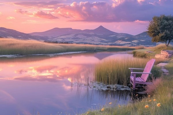 Pink-chair-by-calm-river-sunset-re 1276726-20704