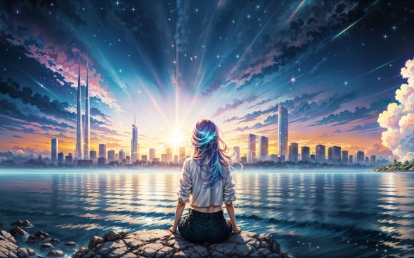 Anime Girl Sitting On Rock Looking At The Urban City