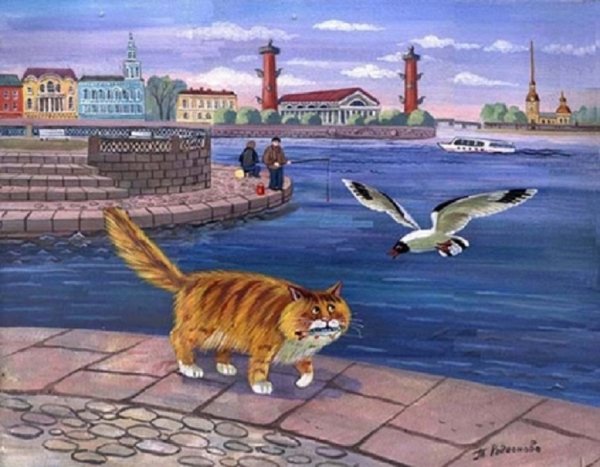 Кот с рыбкой в зубах