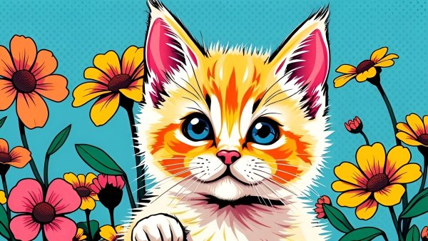 Котёнок,цветы,векторная графика.09