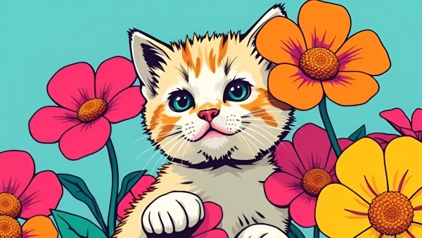 Котёнок,цветы,векторная графика.19