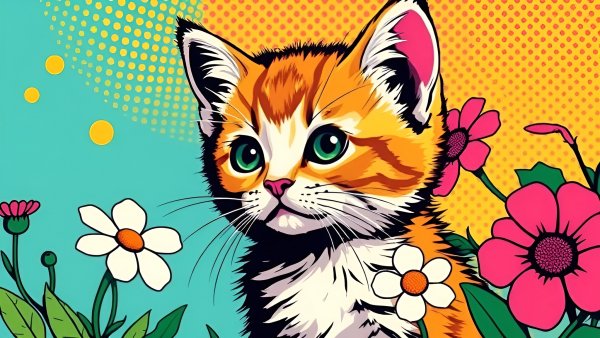 Котёнок,цветы,векторная графика.05