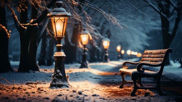 Зима снег скамейка фонари