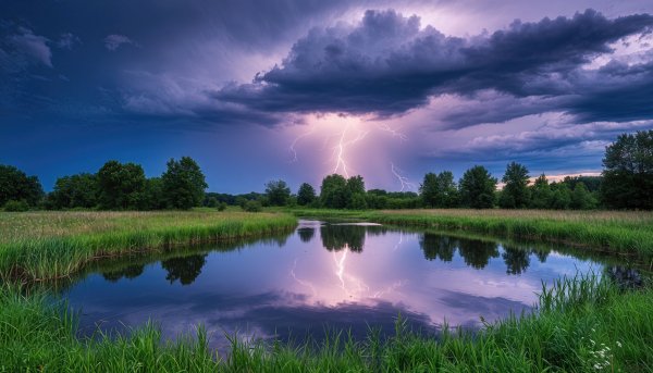 Landscape-lake-meadow-lightning-clouds