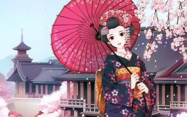 cherry blossoms flowers kimono umbrellas flower petals japane