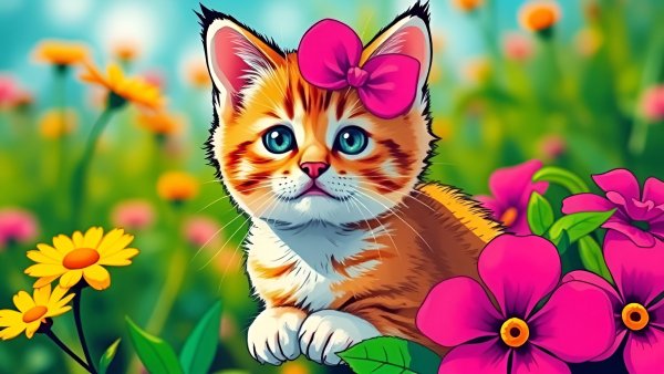 Котёнок,цветы,векторная графика.04