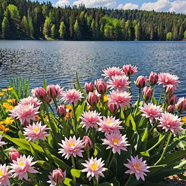 Пейзаж,озеро,цветы,обои на рабочий стол.03