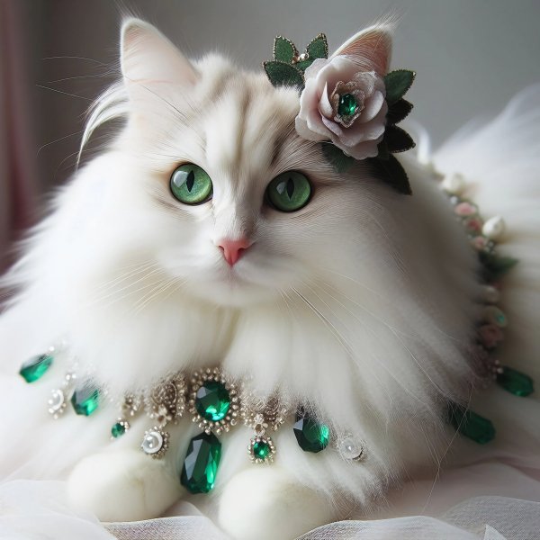 Кошка,белая,пушистая,украшения,изумруды.15