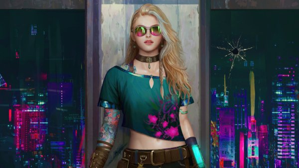 Blonde girl in city lights Cyberpunk
