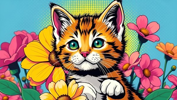 Котёнок,цветы,векторная графика.20