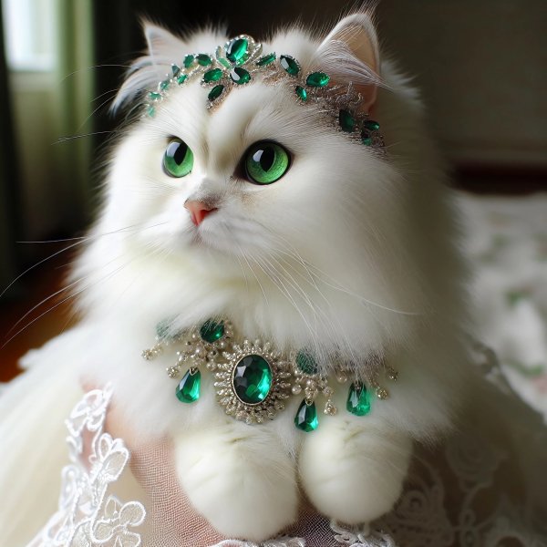 Кошка,белая,пушистая,украшения,изумруды.16