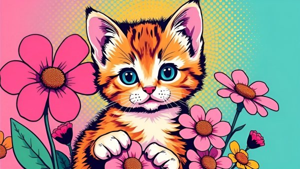 Котёнок,цветы,векторная графика.08