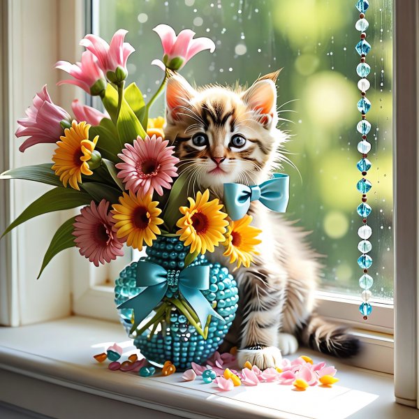 Котята и ваза с цветами.16