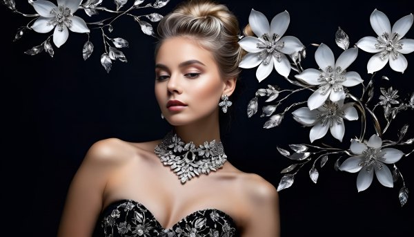 Девушка,цветы,серебро,украшения,фэнтези.52