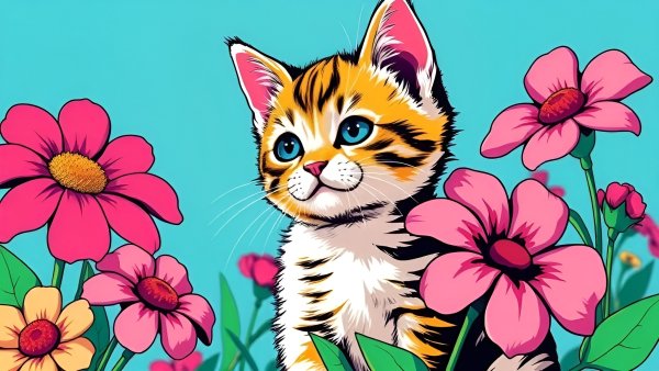 Котёнок,цветы,векторная графика.11