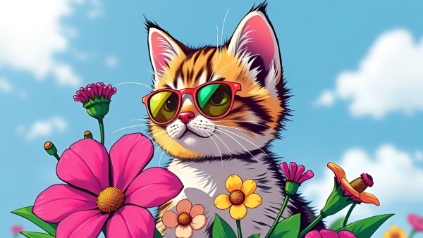 Котёнок,цветы,векторная графика.01