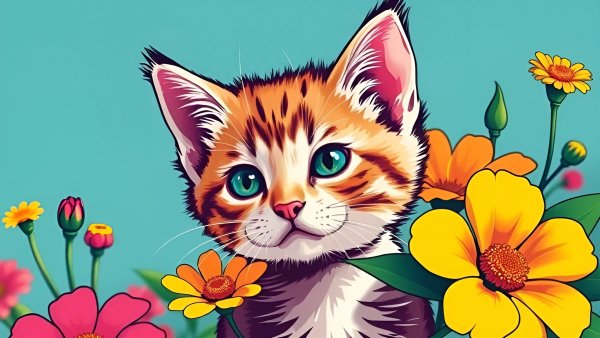 Котёнок,цветы,векторная графика.10