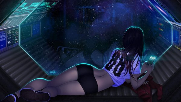 women-anime-space-brunette-reflection-artwork-consoles-spaces