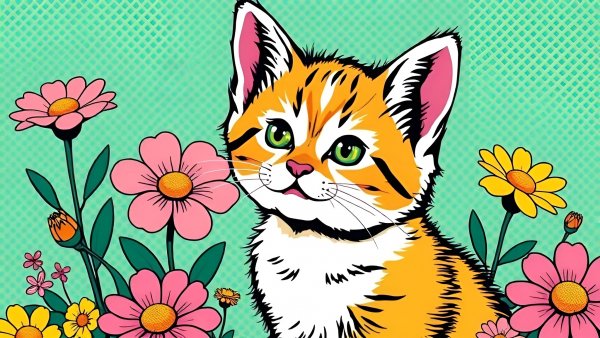 Котёнок,цветы,векторная графика.02