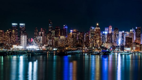 USA Skyscrapers Rivers New York City Night Cities