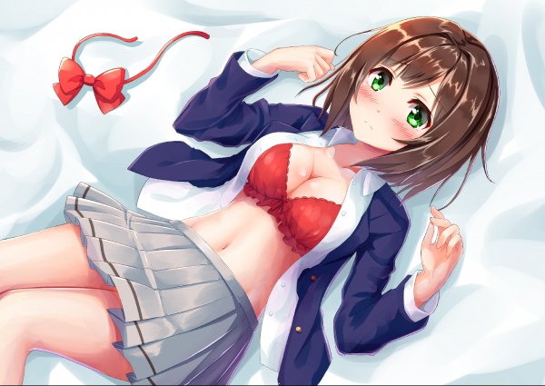 Konachan.com - 310616 bra breasts brown hair cleavage green e