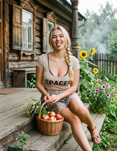 Девушка с корзинкой яблок на крыльце
