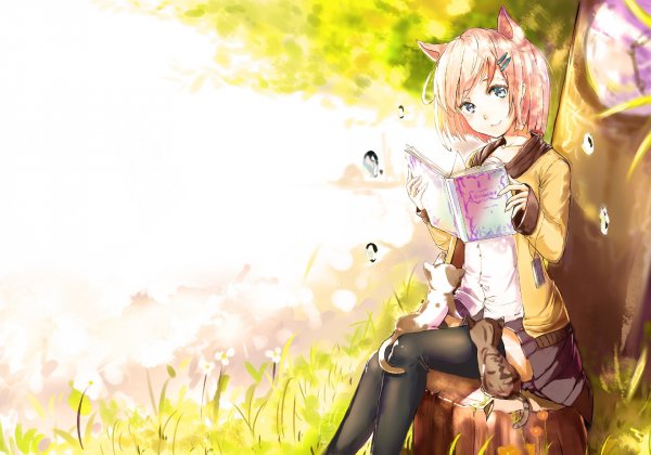 anime-girls-nekomimi-short-hair-book-2K-wall