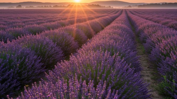 Rows of fragrant lavender under a golden sunset