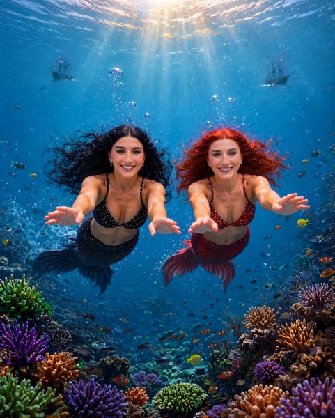 Mermaids swimming forward