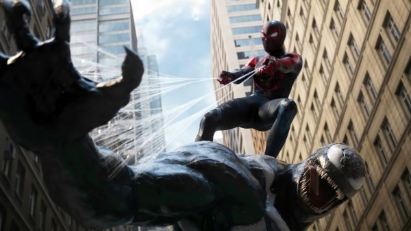 Miles-morales-vs-venom-marvels-spider-man-2-4k-wallpaper