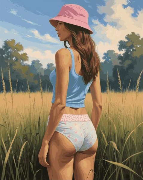 Женщина в поле в розовой панаме(Woman in Field with Pink Hat